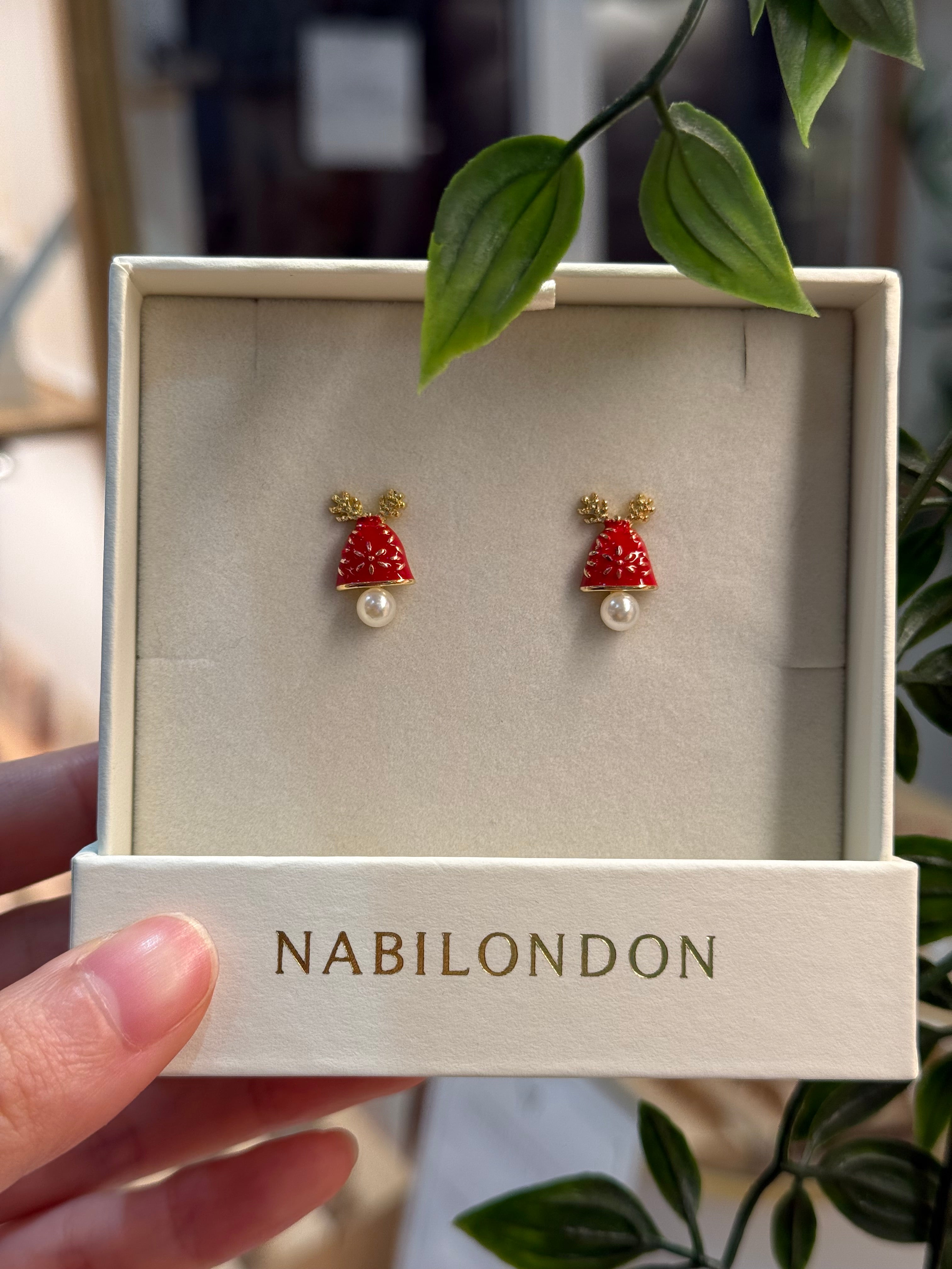 Christmas reindeer pearl bell earrings