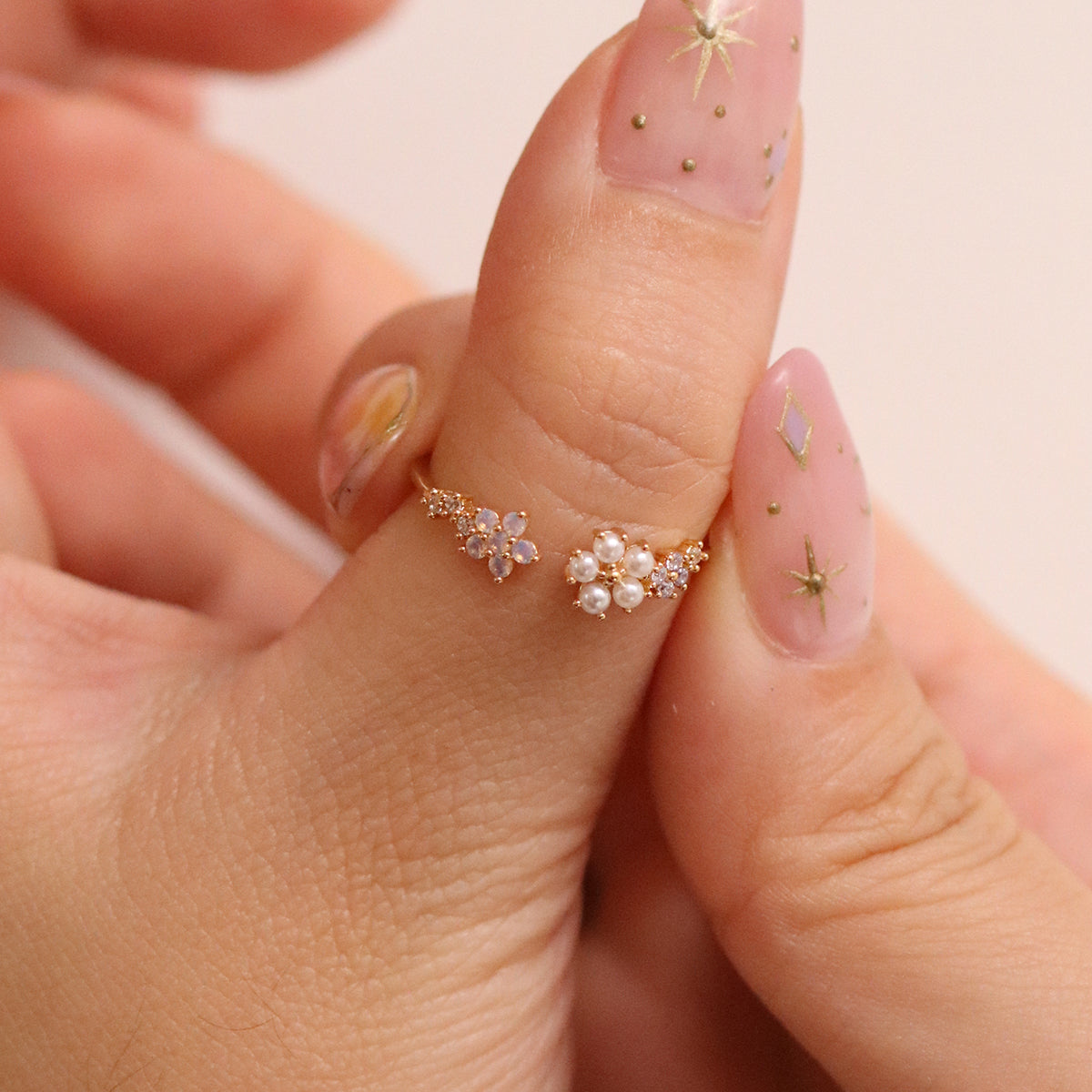 Moonstone & Pearl Flower Adjustable Ring