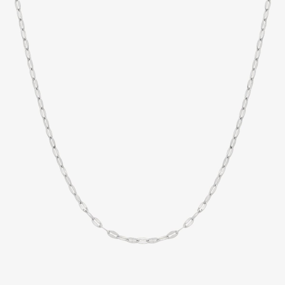 Elegant thin oval chain necklace featuring elongated, smooth oval links with a refined and polished finish.