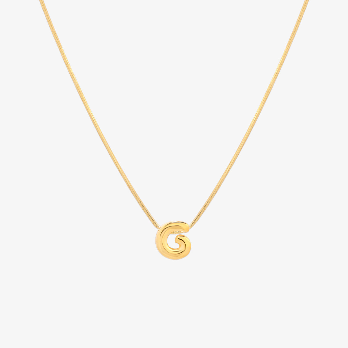 Bubble initial pendant necklace featuring a rounded, playful letter charm on a sleek snake chain, with a smooth and glossy finish.