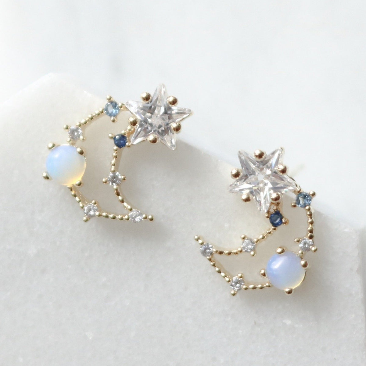 Cubic Star Line Moon Earrings