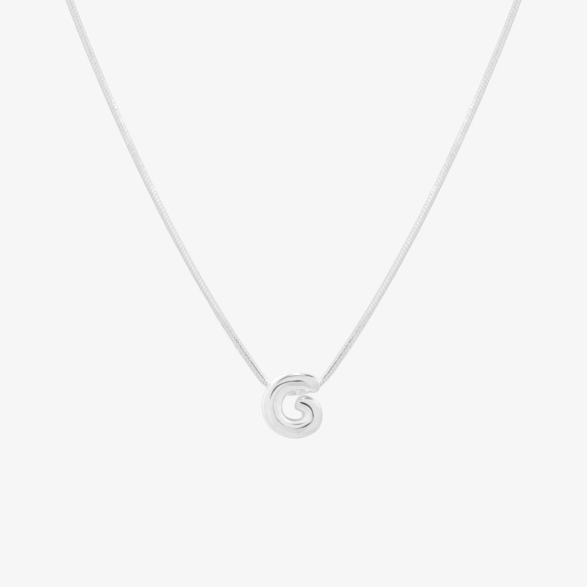 Bubble initial pendant necklace featuring a rounded, playful letter charm on a sleek snake chain, with a smooth and glossy finish.