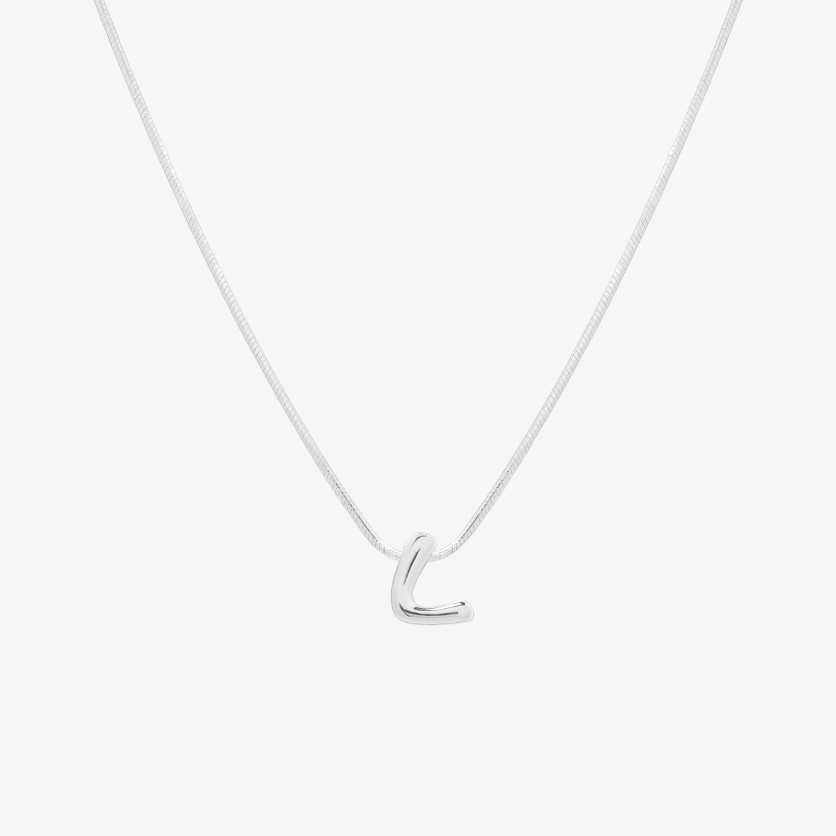 Bubble initial pendant necklace featuring a rounded, playful letter charm on a sleek snake chain, with a smooth and glossy finish.